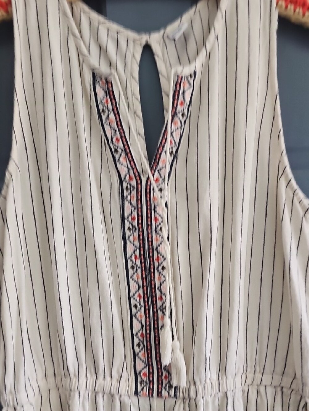 Old Navy Ivory Pinstripe Sleeveless Jumpsuit Embroidered Placket Bohemian Large - Picture 3 of 10